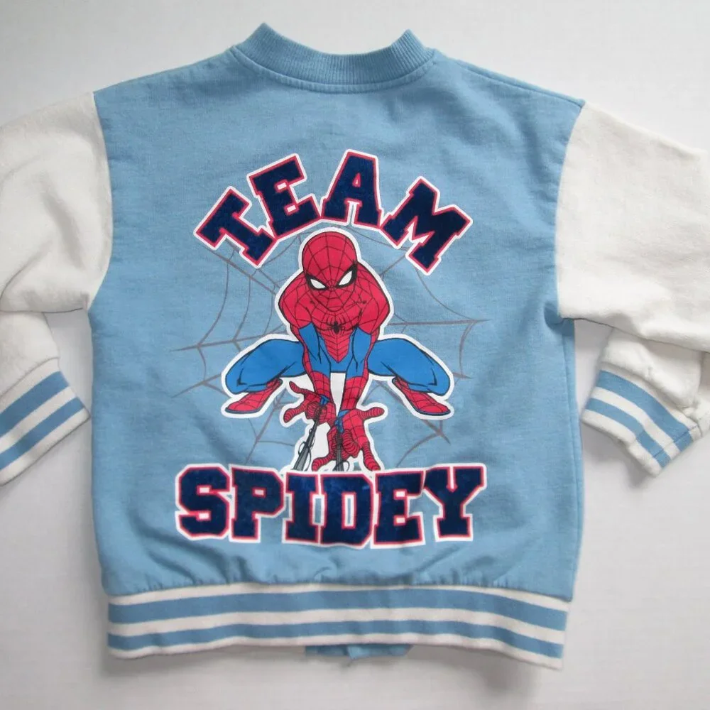 Marvel Spiderman Varsity Bomber Jacket Boys Sz 6 Graphic Print Blue White